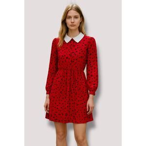 Vintage 70s White Collar Red Chiffon Long Sleeve Axiom Dress Size 8 or S/M